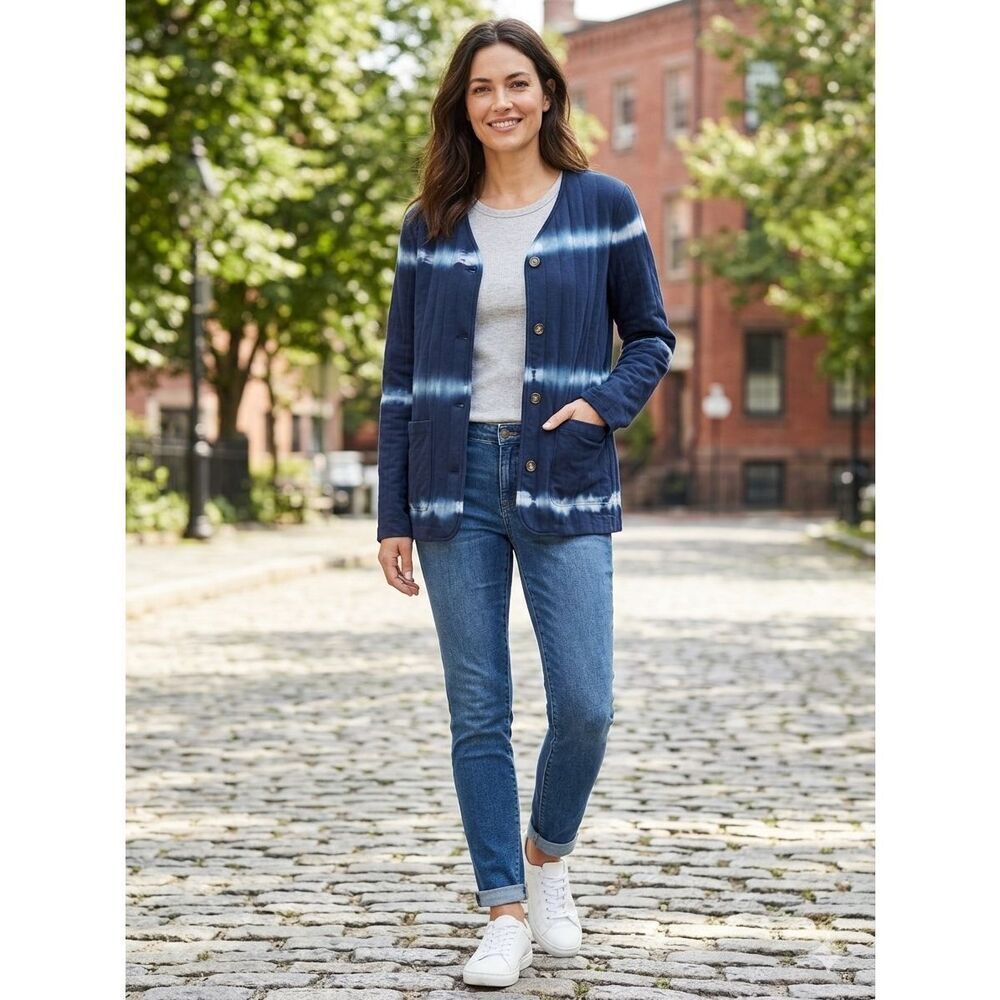 Pure Jill J. Jill Navy Blue Tie Dye Quilted Cotton Button Front Cardigan Jacket